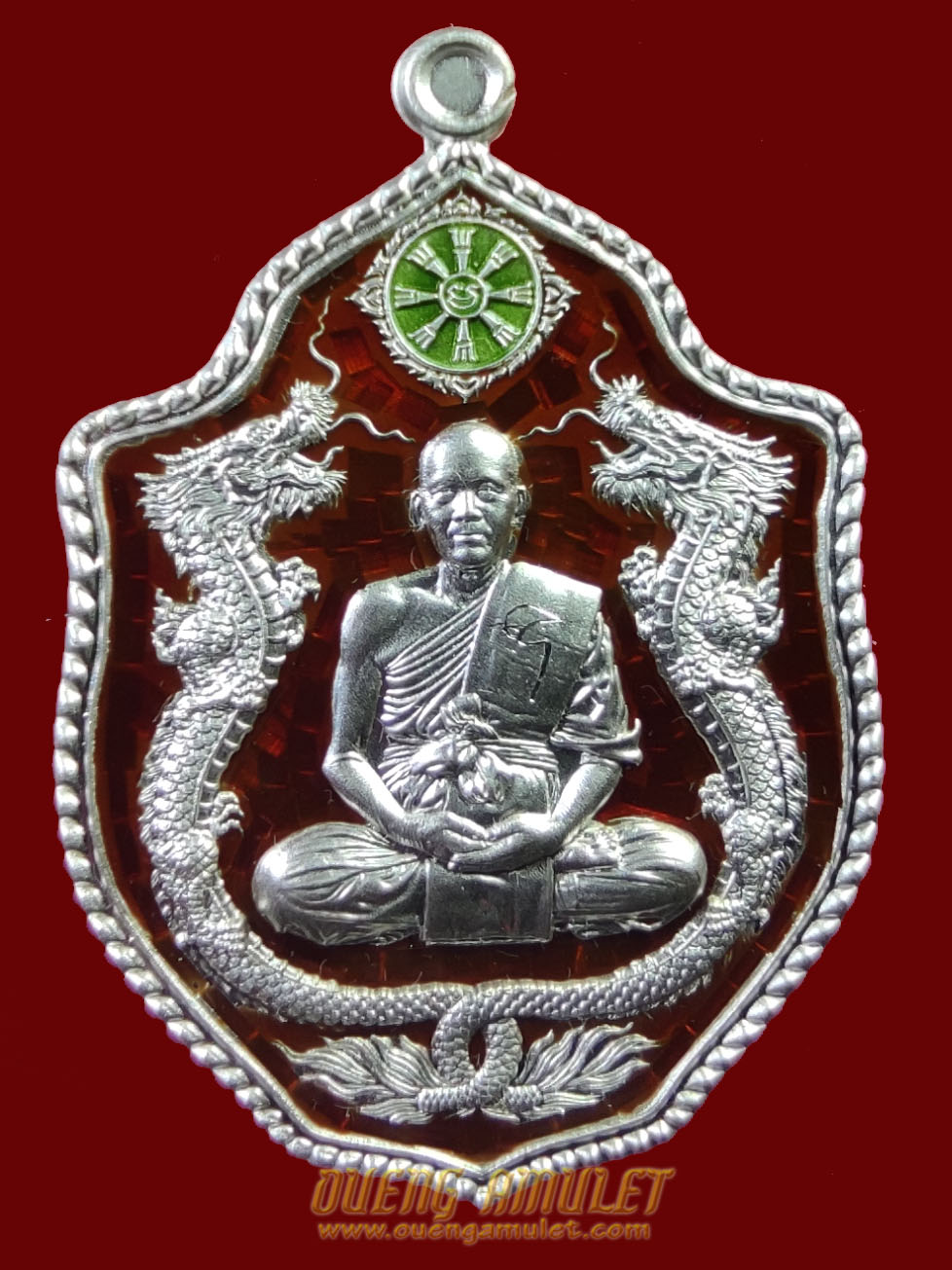 เหรียญมังกรคู่นั่งเต็มองค์ (เฮง) รุ่นแรก หลวงพ่อทอง วัดบ้านไร่ เนื้อเงินลงยา